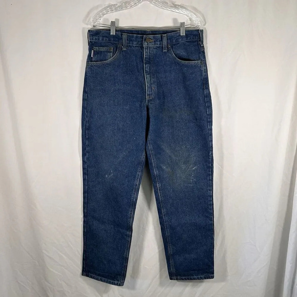 Carhartt Jeans Men's 34x30 Dark Wash Blue Denim Relaxed Fit Work Pants Cotton - Picture 1 of 12